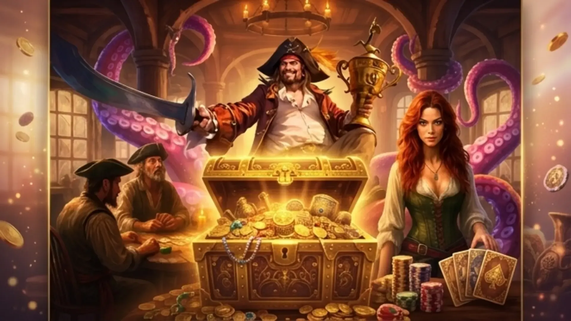 Tortuga Casino – Bannière pirate avec coffre au trésor et jetons